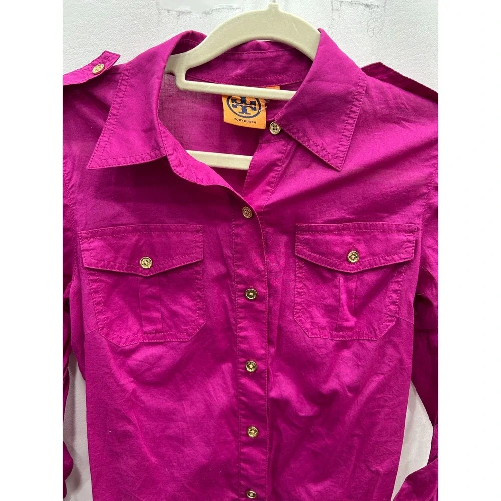 Tory Burch Button Front Shirt Sz 0 Magenta Pink Designer Preppy Roll Tab Sleeve